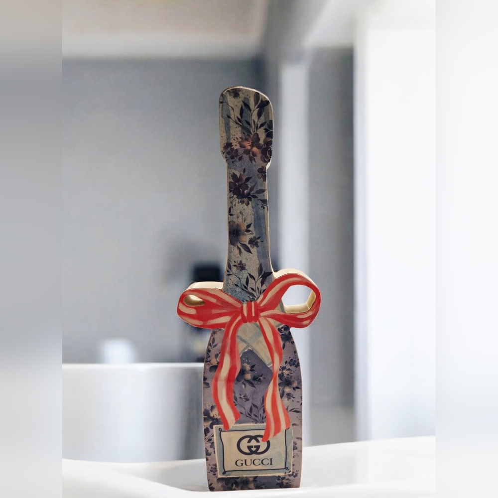 NEW Champagne Bottle Floral with Pink Bow Home Wood Art Plaque Stand 13"x4"x1"